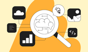 Magnifying glass over a brain with circuit lines, surrounded by icons of a cloud, graph, light bulb, mountains, and code on an orange background.