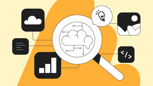 Magnifying glass over a brain with circuit lines, surrounded by icons of a cloud, graph, light bulb, mountains, and code on an orange background.
