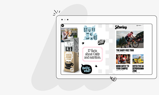 Illustration showing a digital interface with Oatly content, oat drink packaging, and a cyclist under "Stories."