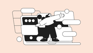 Cartoon person standing on a laptop screen, reaching out with arms wide, surrounded by overlapping abstract shapes and speech bubbles.
