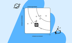 Graph with axes labeled "Strength of Offering" and "Strength of Strategy," featuring circles and a central "B" icon, with a planet and thumbs-up icon.