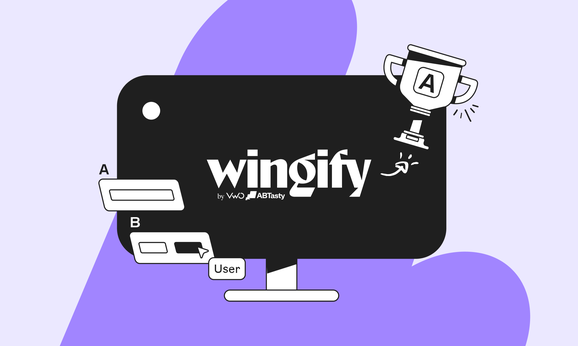 Computer screen displaying the "Wingify" logo with A/B testing elements and a trophy on a purple and light blue background.