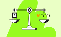 Illustration of a balance scale comparing "B" logo and "TYPO3" logo on a green and light beige background.