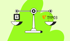 Illustration of a balance scale comparing "B" logo and "TYPO3" logo on a green and light beige background.