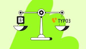 Illustration of a balance scale comparing "B" logo and "TYPO3" logo on a green and light beige background.