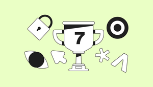 Illustration of a trophy with the number 7, surrounded by symbols including a padlock, target, asterisk, arrow, eye, and cursor on a light green background.