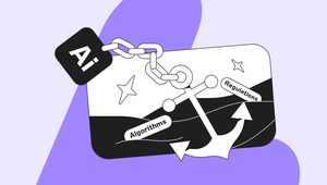 An anchor labeled "Regulations" and "Algorithms" is chained to an "AI" tag, symbolizing AI constraints, against a purple abstract background.