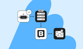 Flowchart depicting communication between a chatbot, server (MCP), messaging app (B), and image app, on a blue background.