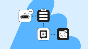 Flowchart depicting communication between a chatbot, server (MCP), messaging app (B), and image app, on a blue background.