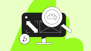 Illustration of a computer monitor with icons of a magnifying glass, a brain, arrows, and a thumbs-up on a light green background.