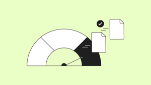 Illustration of a semicircular speedometer with its needle in the dark fast zone. Two pages with folded corners fly out to the upper right with speed lines, next to a checkmark badge.