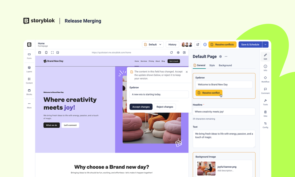 Screenshot of the Storyblok interface showing release merging features. Includes options to resolve content conflicts and update design elements.