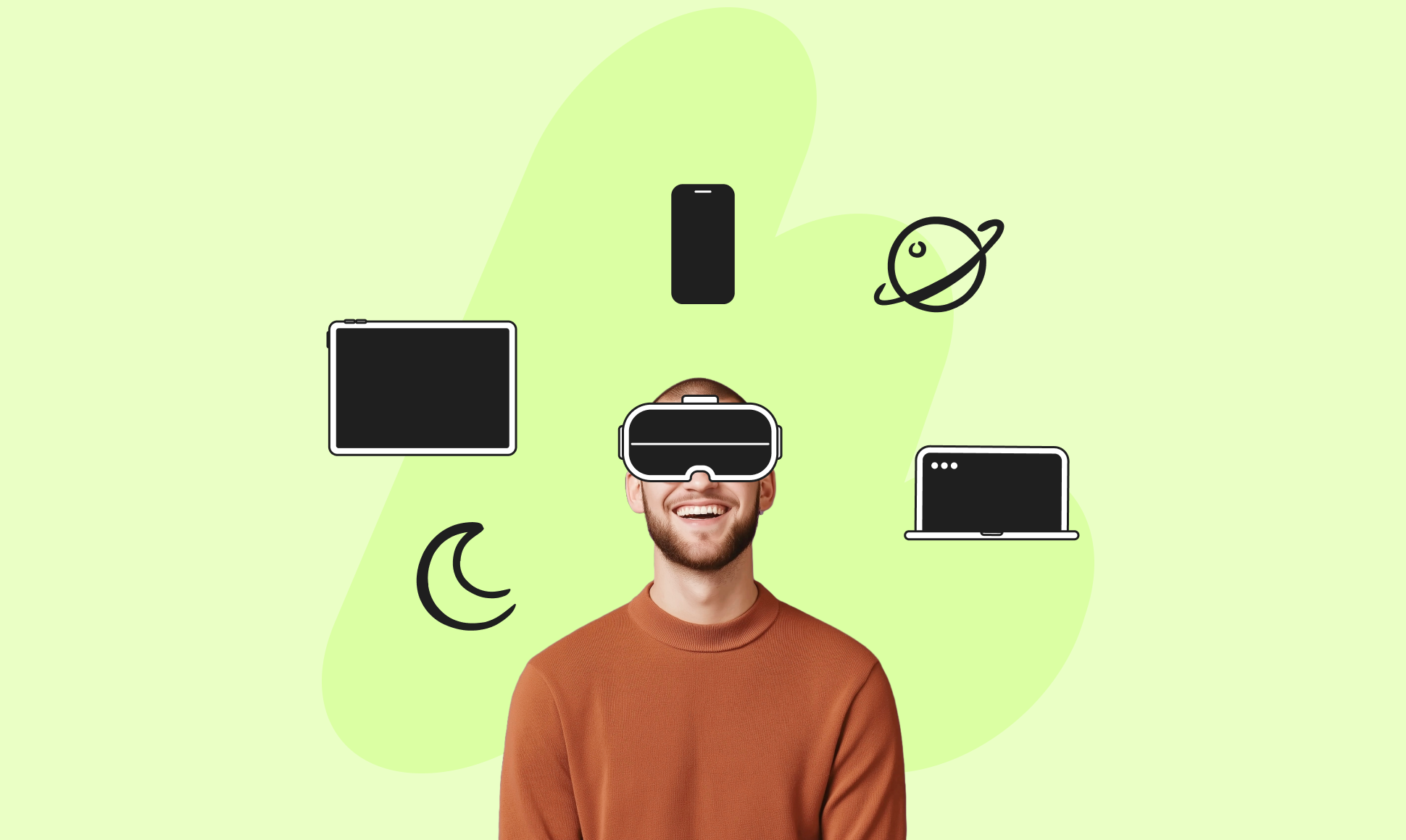 Smiling person wearing VR headset surrounded by icons of a smartphone, planet, laptop, tablet, and crescent moon on a light green background.