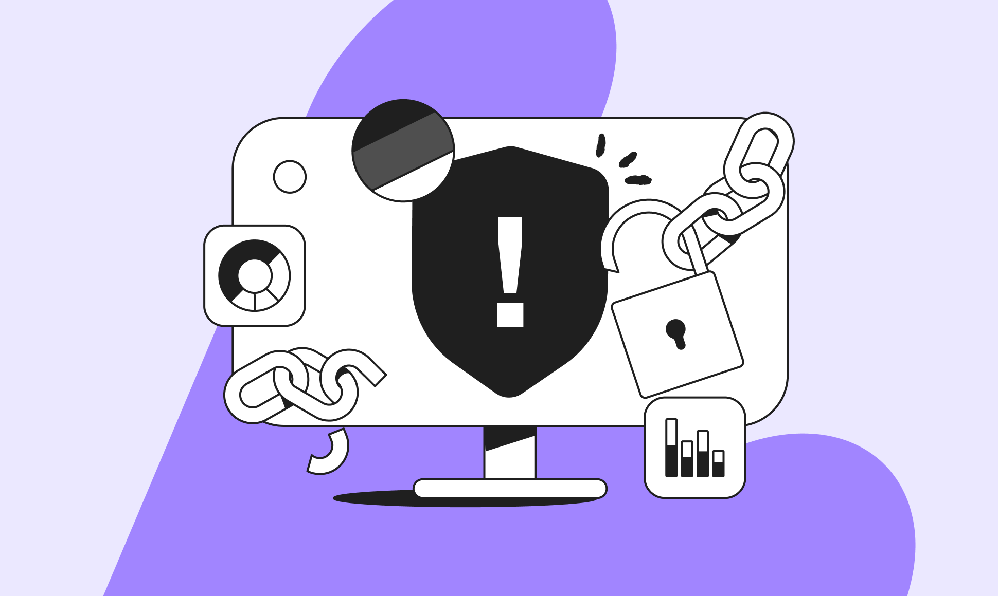 A computer monitor displays a warning symbol with chains, a padlock, and user icons, symbolizing cybersecurity. Purple background.