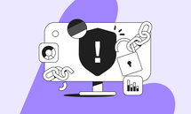 A computer monitor displays a warning symbol with chains, a padlock, and user icons, symbolizing cybersecurity. Purple background.