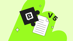 A close-up illustration of the Storyblok puzzle-piece icon overlapping a document, set against layered bright green organic blob shapes on a light green background. Bold 'V5' text appears to the right, with decorative four-pointed star sparkles scattered around the composition.