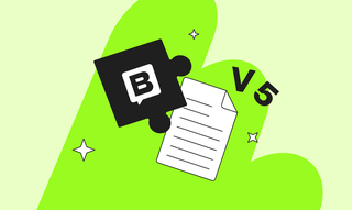 A close-up illustration of the Storyblok puzzle-piece icon overlapping a document, set against layered bright green organic blob shapes on a light green background. Bold 'V5' text appears to the right, with decorative four-pointed star sparkles scattered around the composition.