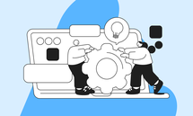 Illustration of two people assembling a gear in front of a computer screen with a light bulb, symbolizing collaboration and innovation.