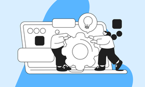 Illustration of two people assembling a gear in front of a computer screen with a light bulb, symbolizing collaboration and innovation.