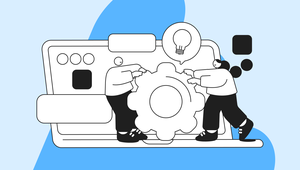 Illustration of two people assembling a gear in front of a computer screen with a light bulb, symbolizing collaboration and innovation.
