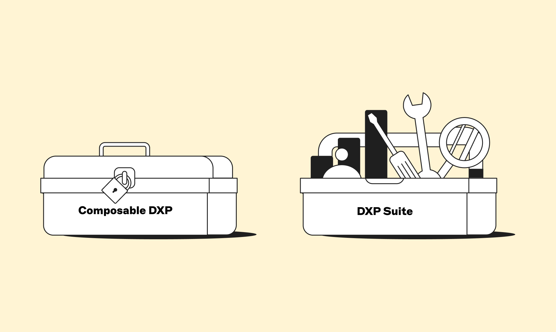 Illustration of two toolboxes: "Composable DXP" locked, "DXP Suite" open, displaying tools, representing different digital experience platforms.