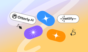 Colorful abstract design with logos for Otterly.AI and Netlify, featuring blue, purple, and orange shapes, a cursor, and a thumbs-up icon.