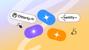 Colorful abstract design with logos for Otterly.AI and Netlify, featuring blue, purple, and orange shapes, a cursor, and a thumbs-up icon.