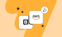 Logos of AWS and another chat platform on an orange background, with a thumbs-up icon and decorative stars.
