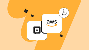Logos of AWS and another chat platform on an orange background, with a thumbs-up icon and decorative stars.