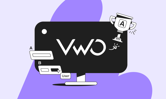 Illustration of a computer screen displaying "VWO" with icons of a trophy, user, and A/B testing elements on a purple background.