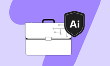 White briefcase with circuit-style lines and a black shield labeled AI on a purple abstract background.