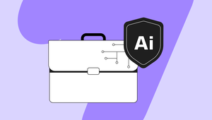 White briefcase with circuit-style lines and a black shield labeled AI on a purple abstract background.