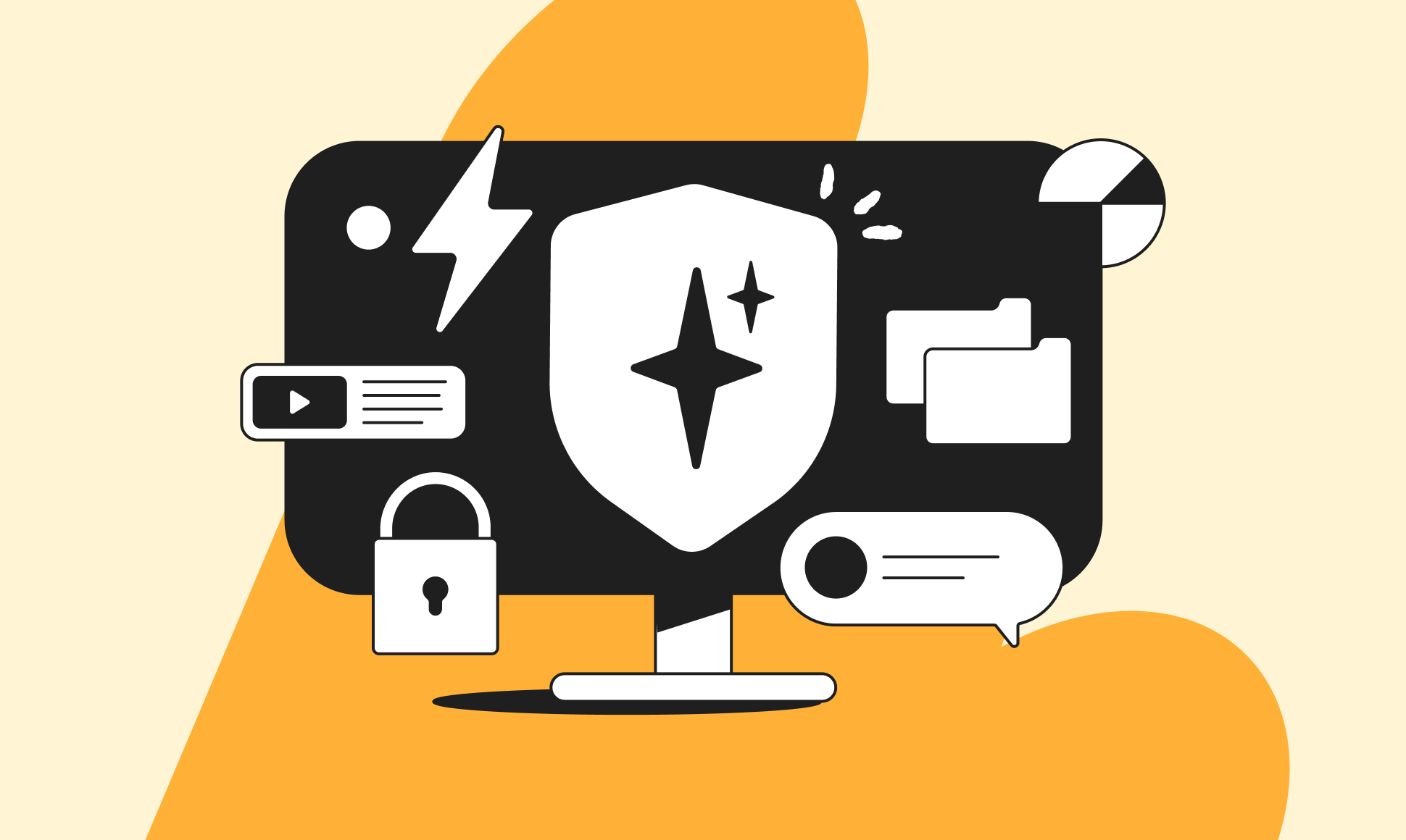 Illustration of a computer monitor with a shield, files, padlock, speech bubbles, and media icons, symbolizing digital security and communication.