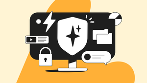 Illustration of a computer monitor with a shield, files, padlock, speech bubbles, and media icons, symbolizing digital security and communication.