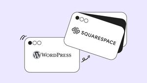 Illustration of WordPress and Squarespace logos on stylized browser windows against a light purple background.