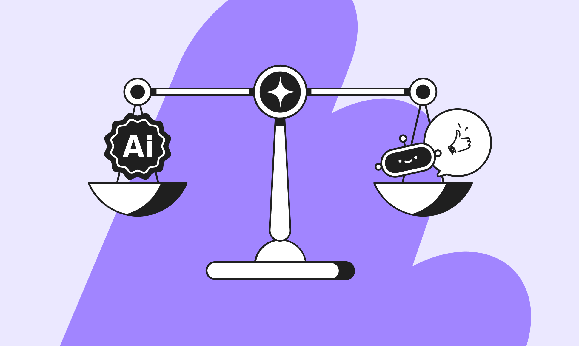 Illustration of a balance scale with "AI" on one side and a smiling robot with a thumbs-up in a speech bubble on the other, against a purple background.