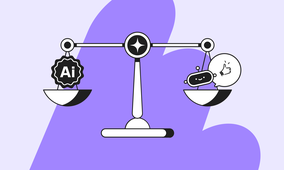Illustration of a balance scale with "AI" on one side and a smiling robot with a thumbs-up in a speech bubble on the other, against a purple background.