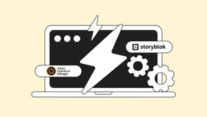 Illustration of a laptop with a lightning bolt, gears, and logos for Adobe Experience Manager and Storyblok on a beige background.