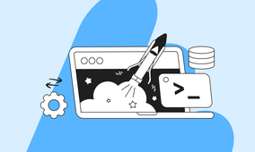 Illustration of a rocket launching from a laptop screen, with gears, a command line icon CLI, and database symbols on a blue and white background.