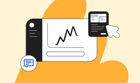 Illustration of a graph on a web interface with a chat bubble icon and a cursor clicking a pop-up, set on an orange background.