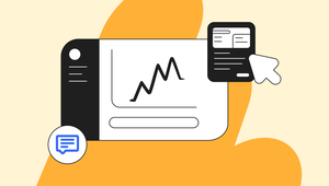 Illustration of a graph on a web interface with a chat bubble icon and a cursor clicking a pop-up, set on an orange background.
