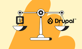 Illustration of a balance scale with "B" on the left and "Drupal" on the right, set against an abstract orange background.