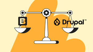 Illustration of a balance scale with "B" on the left and "Drupal" on the right, set against an abstract orange background.
