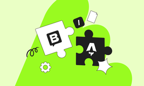 Puzzle pieces with letters "B" and "A," a gear, a sparkle, and a paper icon on a green abstract background.