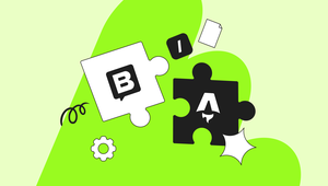 Puzzle pieces with letters "B" and "A," a gear, a sparkle, and a paper icon on a green abstract background.