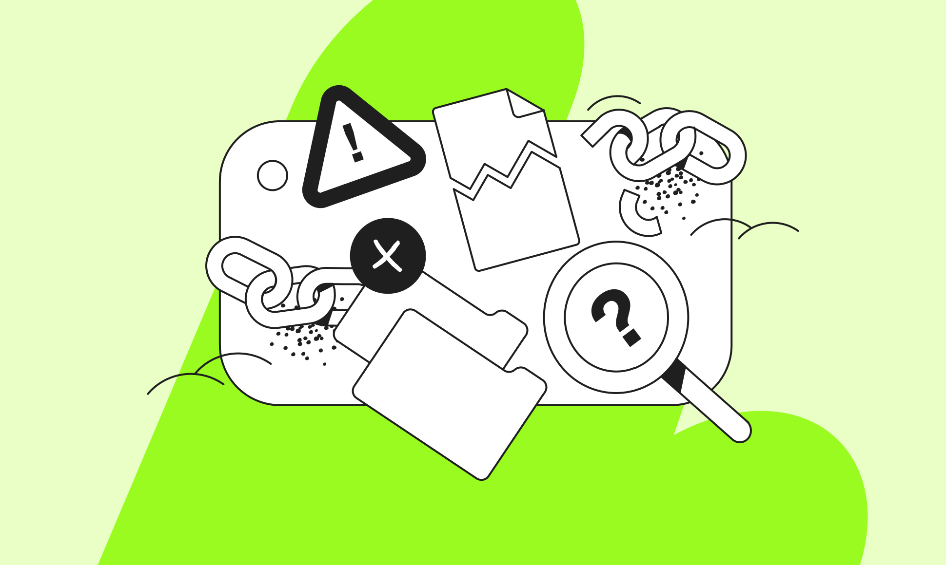 Illustration of broken chains, alert symbols, and a magnifying glass over folders on a green background.