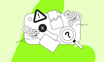 Illustration of broken chains, alert symbols, and a magnifying glass over folders on a green background.