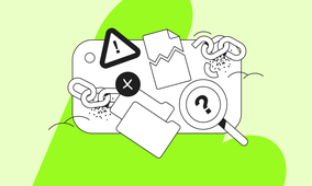 Illustration of broken chains, alert symbols, and a magnifying glass over folders on a green background.