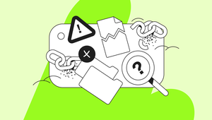 Illustration of broken chains, alert symbols, and a magnifying glass over folders on a green background.