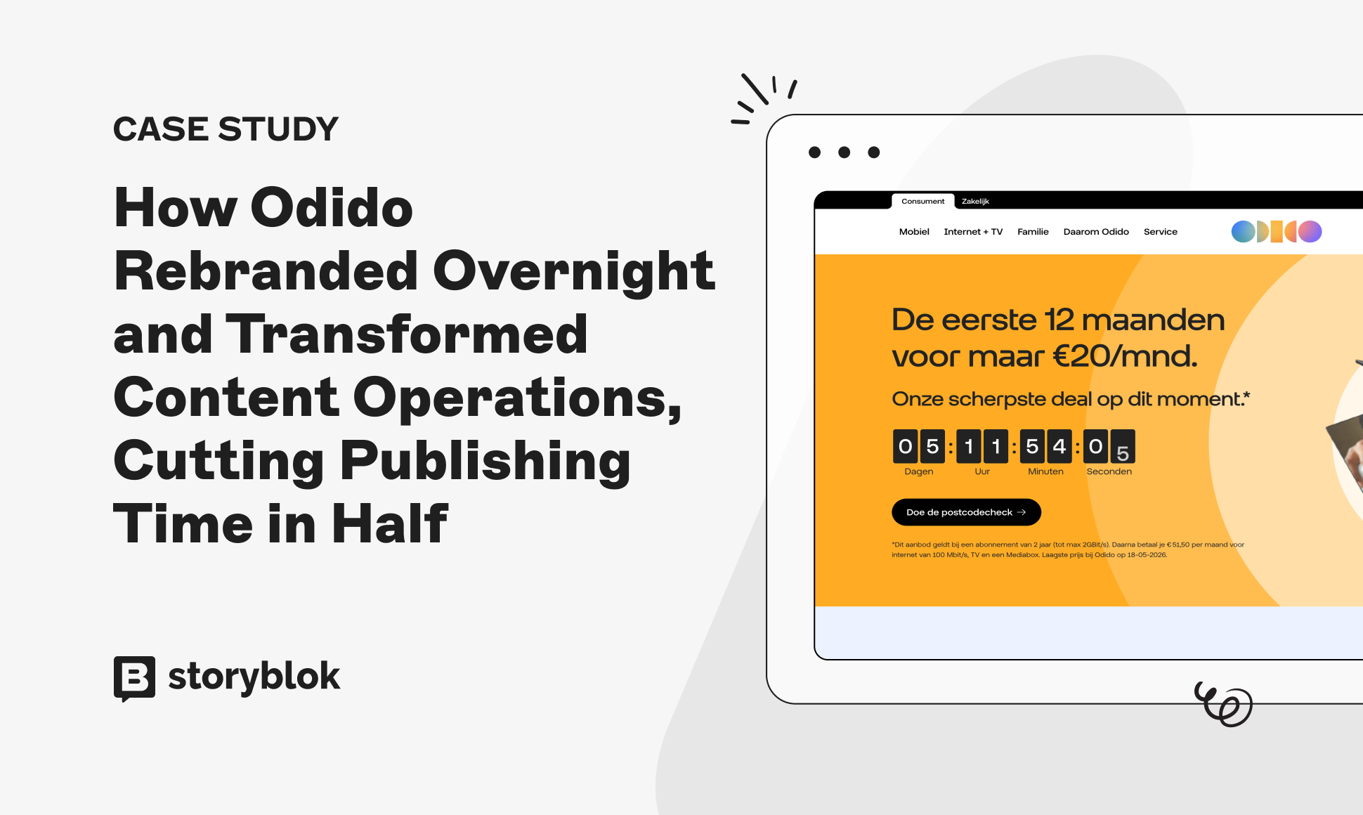 Case study on Odido's rebranding and content operation transformation, featuring a website on a tablet with an orange promo banner.